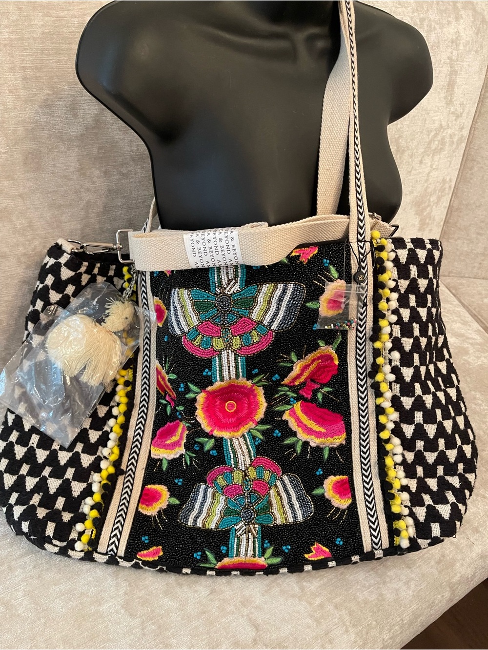 NWT America and Beyond Embroidered Black Floral Tote Bag with Accent Pom Trim - Picture 6 of 15